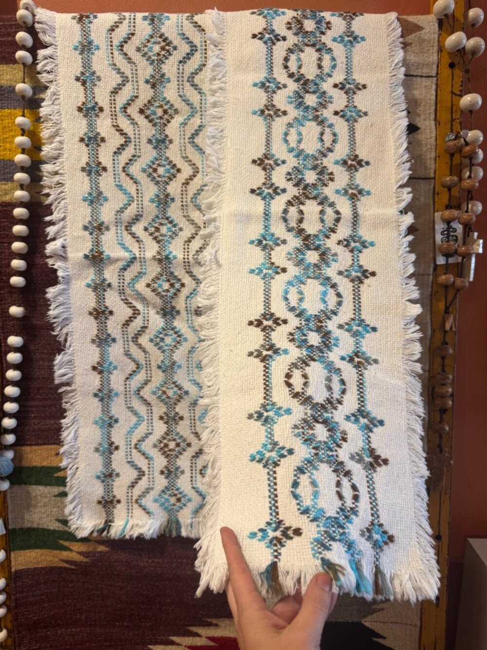 VNG Folk Art Hand Woven Table Runner 34"X11" Blue Brown Orbital